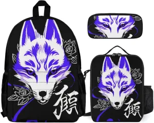 Supdreamc 3 Piece Set Japanese Kitsune Mask Art Backpack Bag Bookbag with Lunch Box And Pencil Case Set for Adult - One size