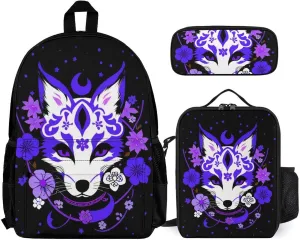 Supdreamc Japanese Kitsune Fox Magical Flowers Art Backpack 3 Piece Set for Adults (Bag   Pencil Case Lunch Combination), One Size