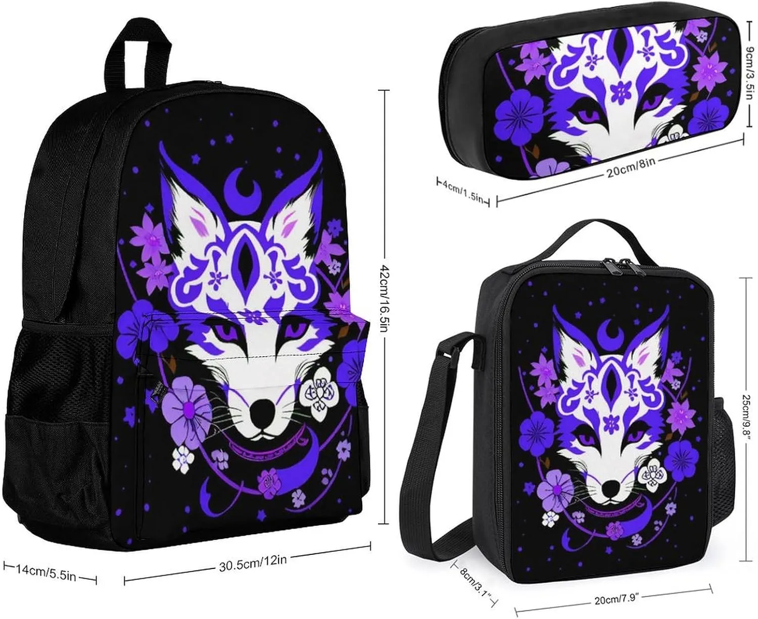 Supdreamc Japanese Kitsune Fox Magical Flowers Art Backpack 3 Piece Set for Adults (Bag   Pencil Case Lunch Combination), One Size