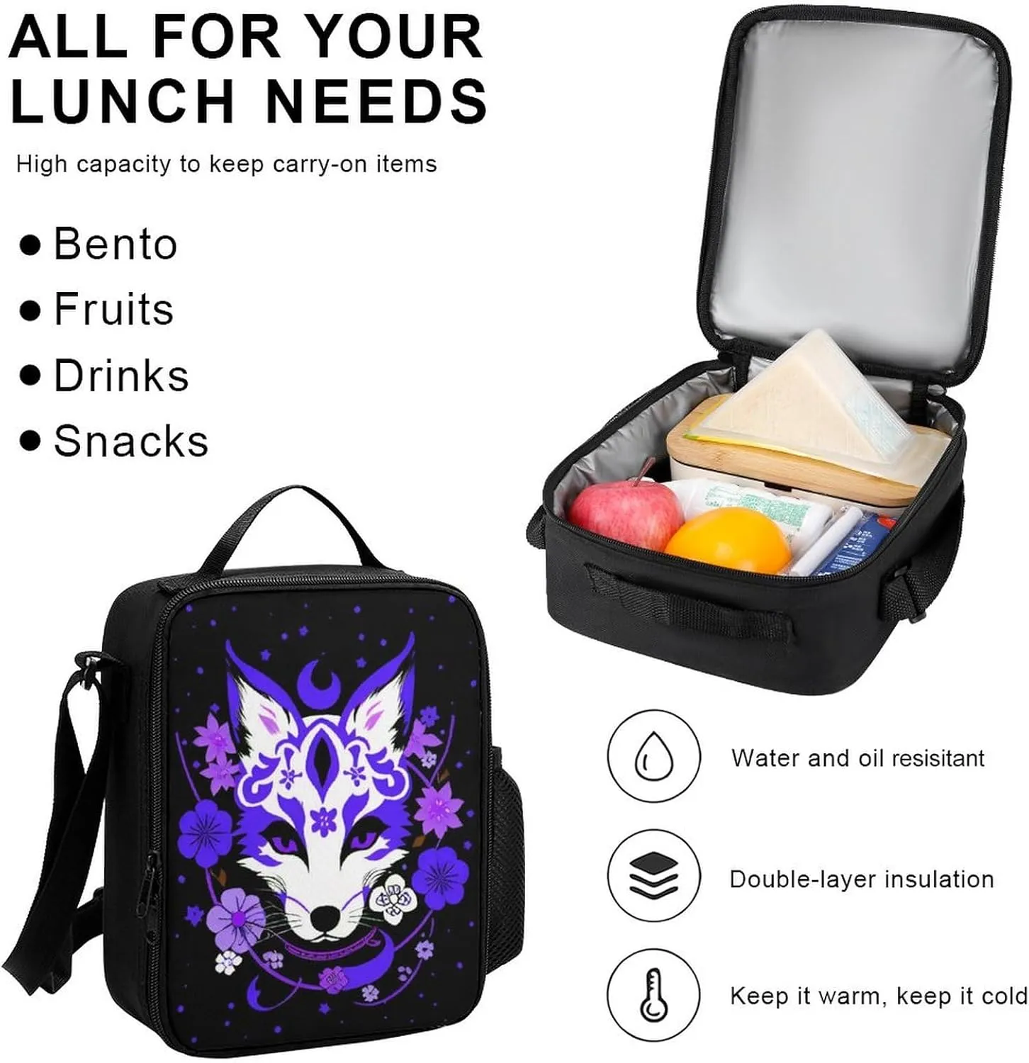 Supdreamc Japanese Kitsune Fox Magical Flowers Art Backpack 3 Piece Set for Adults (Bag   Pencil Case Lunch Combination), One Size