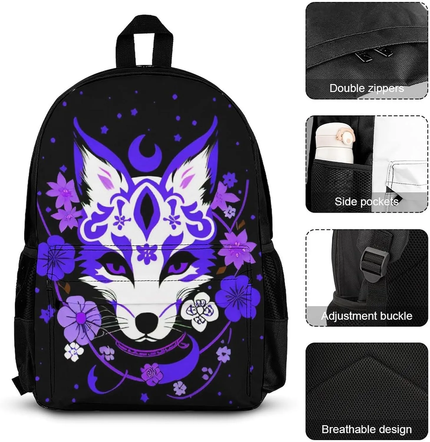 Supdreamc Japanese Kitsune Fox Magical Flowers Art Backpack 3 Piece Set for Adults (Bag   Pencil Case Lunch Combination), One Size