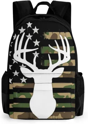 Supdreamc Men Women Lightweight Camouflage American Flag Hunting Deer Camo Casual Daypack Big Capacity Bookbag With Padded Straps for Gym Travel Walking Cycling