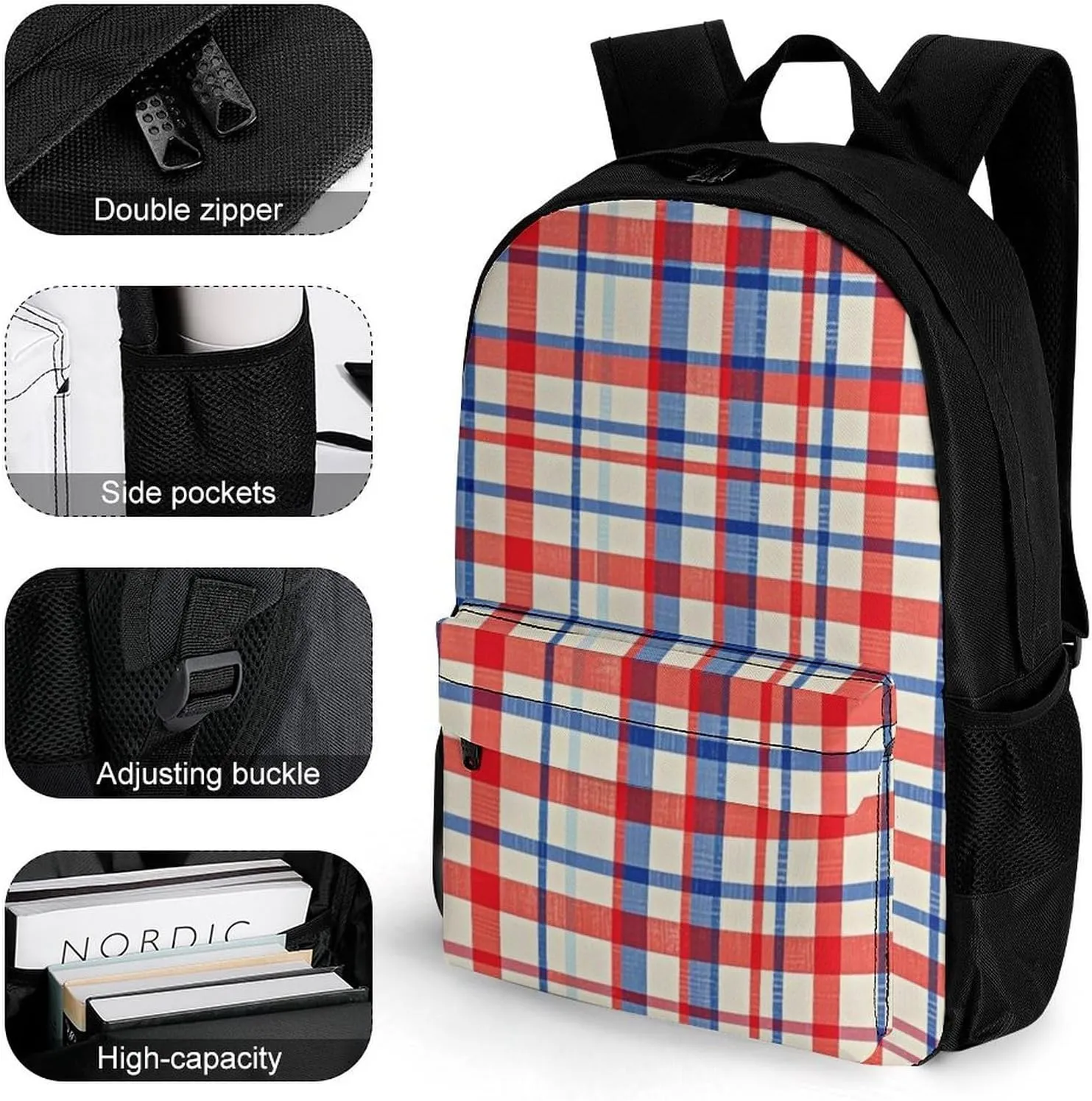 Supdreamc Men Women Lightweight Red Scottish Tartan Plaid Art Backpack Large Capacity Carry On Bag With Padded Straps for Sports Work Walking Cycling