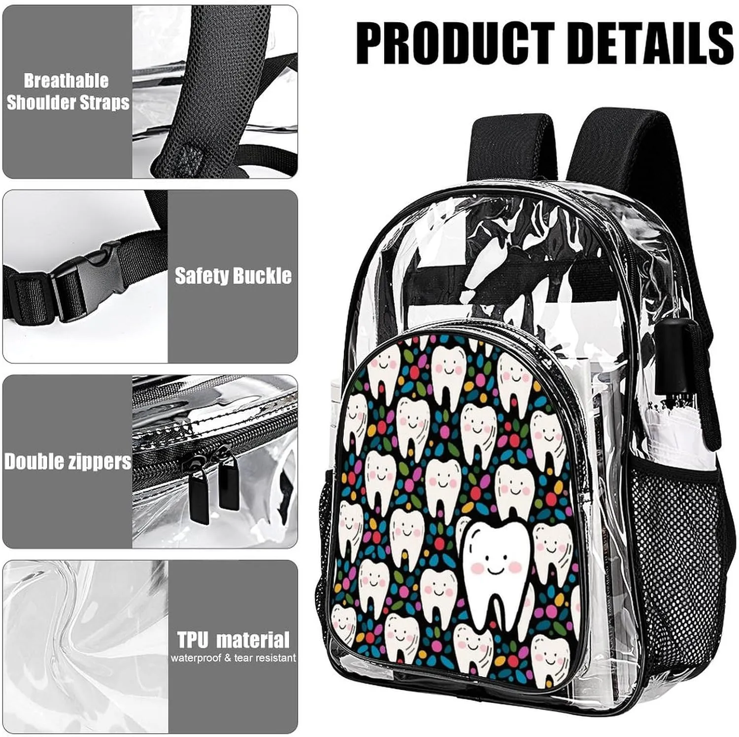 Supdreamc Men Women Transparent Cartoon Teeth Dental Art Daypack Bookbag Big Capacity Shoulder Bag With Padded Straps for Climbing Travel Walking Cycling