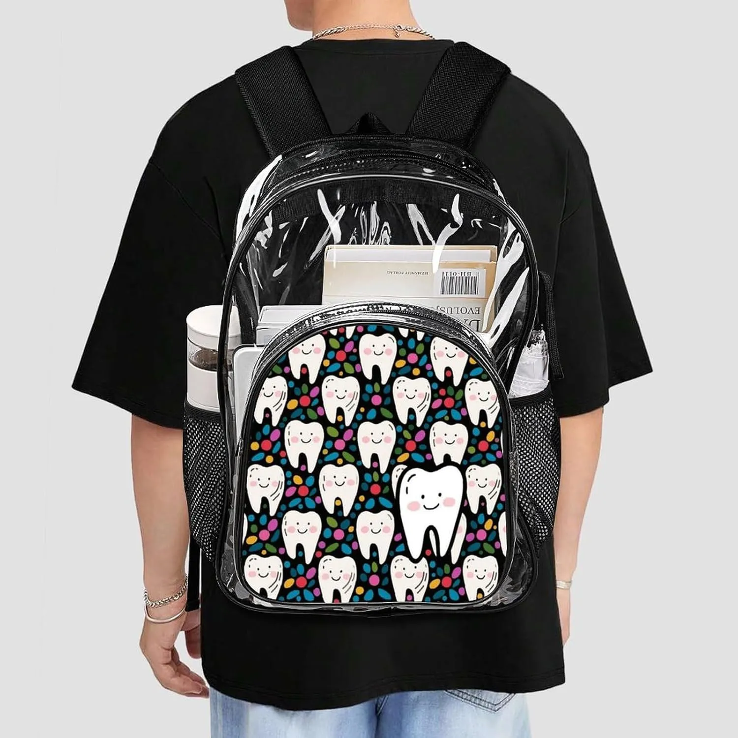 Supdreamc Men Women Transparent Cartoon Teeth Dental Art Daypack Bookbag Big Capacity Shoulder Bag With Padded Straps for Climbing Travel Walking Cycling