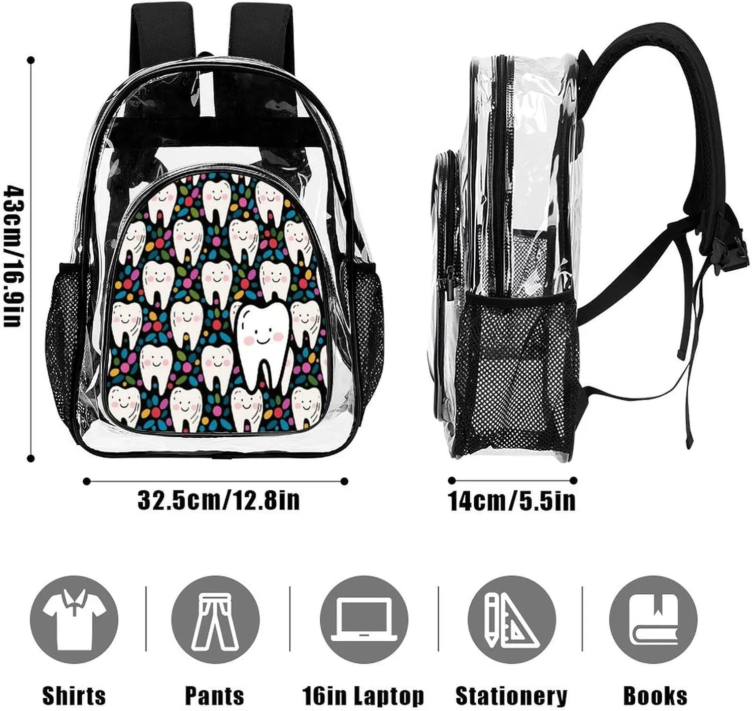 Supdreamc Men Women Transparent Cartoon Teeth Dental Art Daypack Bookbag Big Capacity Shoulder Bag With Padded Straps for Climbing Travel Walking Cycling