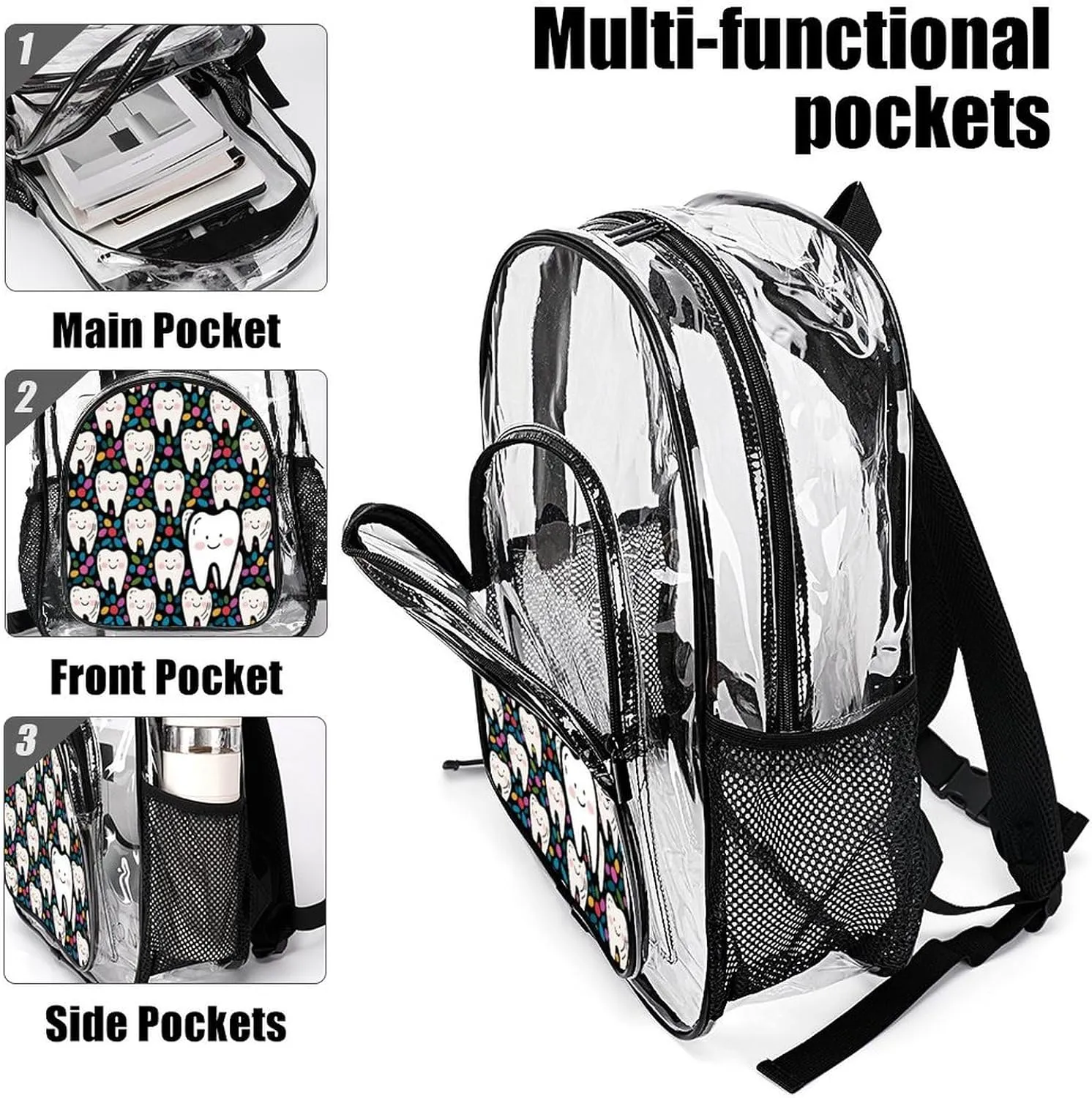 Supdreamc Men Women Transparent Cartoon Teeth Dental Art Daypack Bookbag Big Capacity Shoulder Bag With Padded Straps for Climbing Travel Walking Cycling
