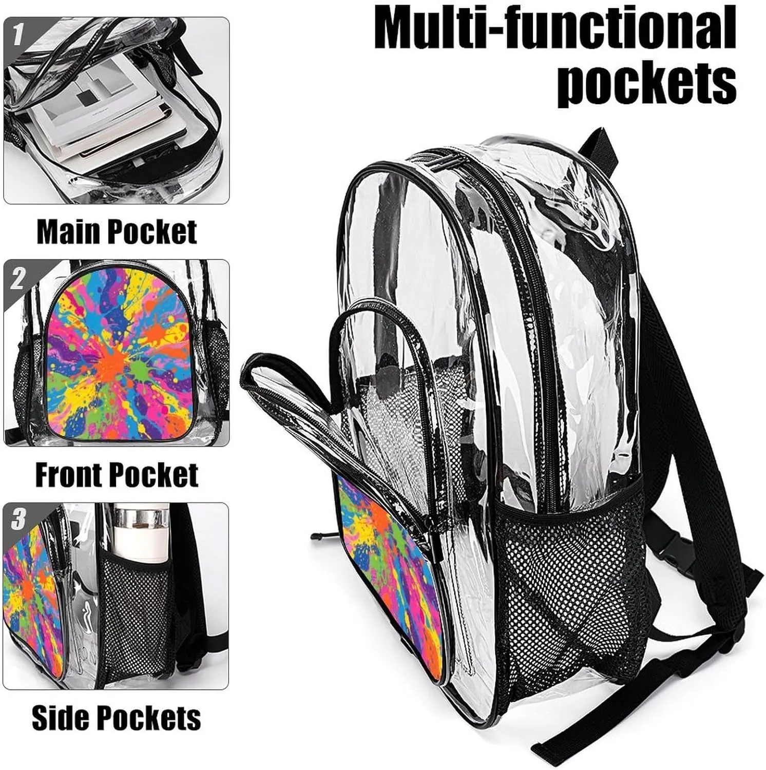 Supdreamc Men Women Transparent Colorful Splatter Color Art Daypack Bookbag Big Capacity Shoulder Bag With Padded Straps for Climbing Travel Walking Cycling