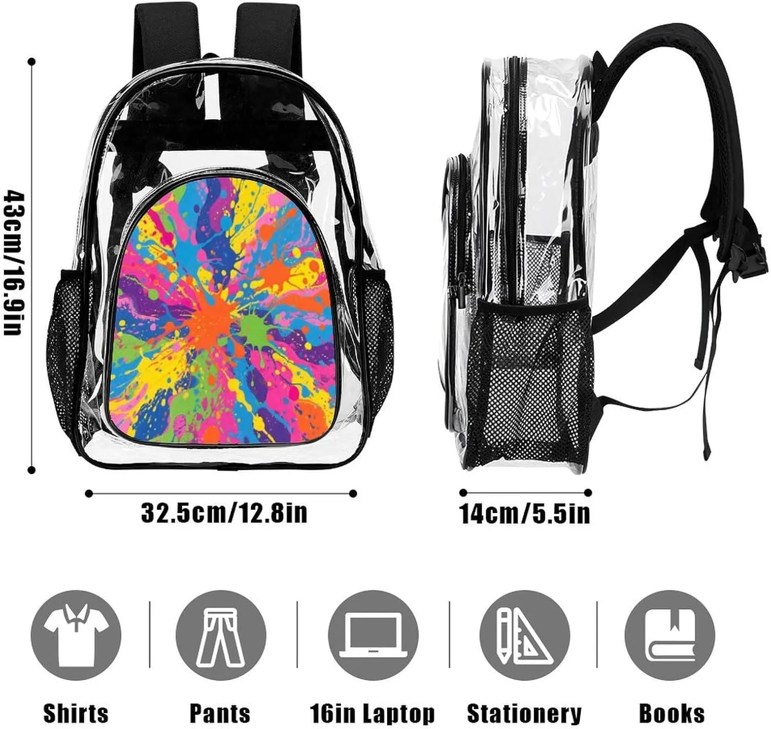 Supdreamc Men Women Transparent Colorful Splatter Color Art Daypack Bookbag Big Capacity Shoulder Bag With Padded Straps for Climbing Travel Walking Cycling