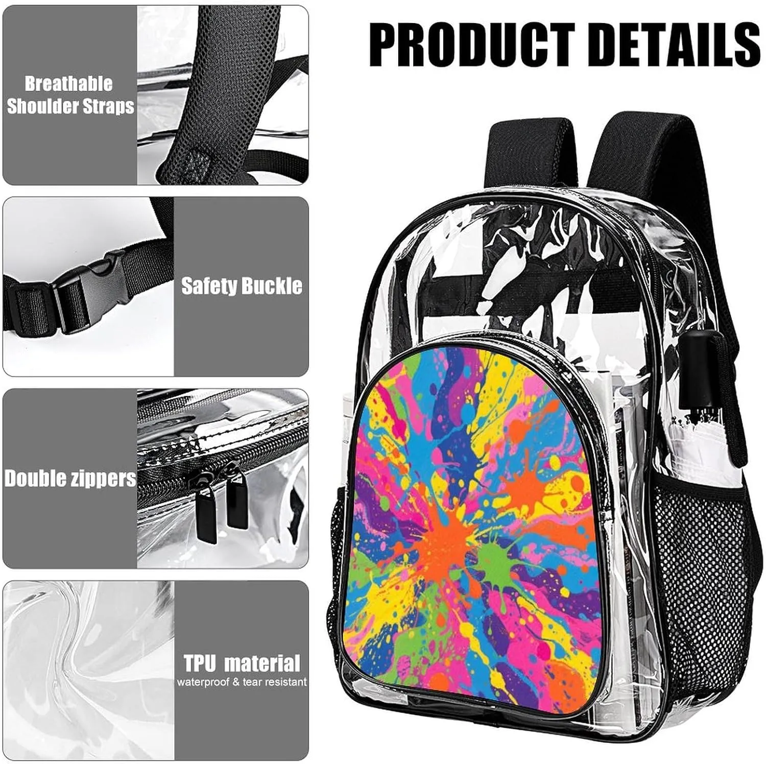 Supdreamc Men Women Transparent Colorful Splatter Color Art Daypack Bookbag Big Capacity Shoulder Bag With Padded Straps for Climbing Travel Walking Cycling