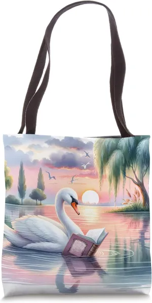 Swan Reading Poetry Book On Lake At Sunset. Water Willow Tote Bag