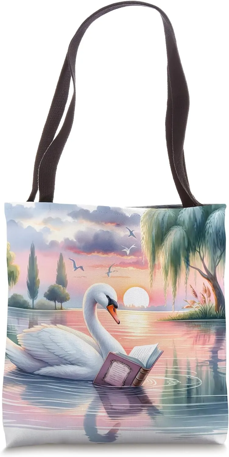 Swan Reading Poetry Book On Lake At Sunset. Water Willow Tote Bag