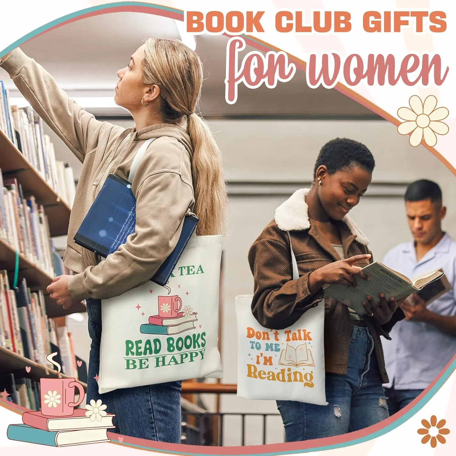 Sweetude 8 Pcs Book Club Gifts Bulk Book Lovers Canvas Tote Bags Easter Christian Bookish Librarian Reader Gifts for Women(Retro)