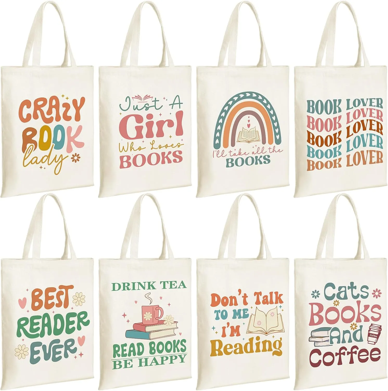 Sweetude 8 Pcs Book Club Gifts Bulk Book Lovers Canvas Tote Bags Easter Christian Bookish Librarian Reader Gifts for Women(Retro)