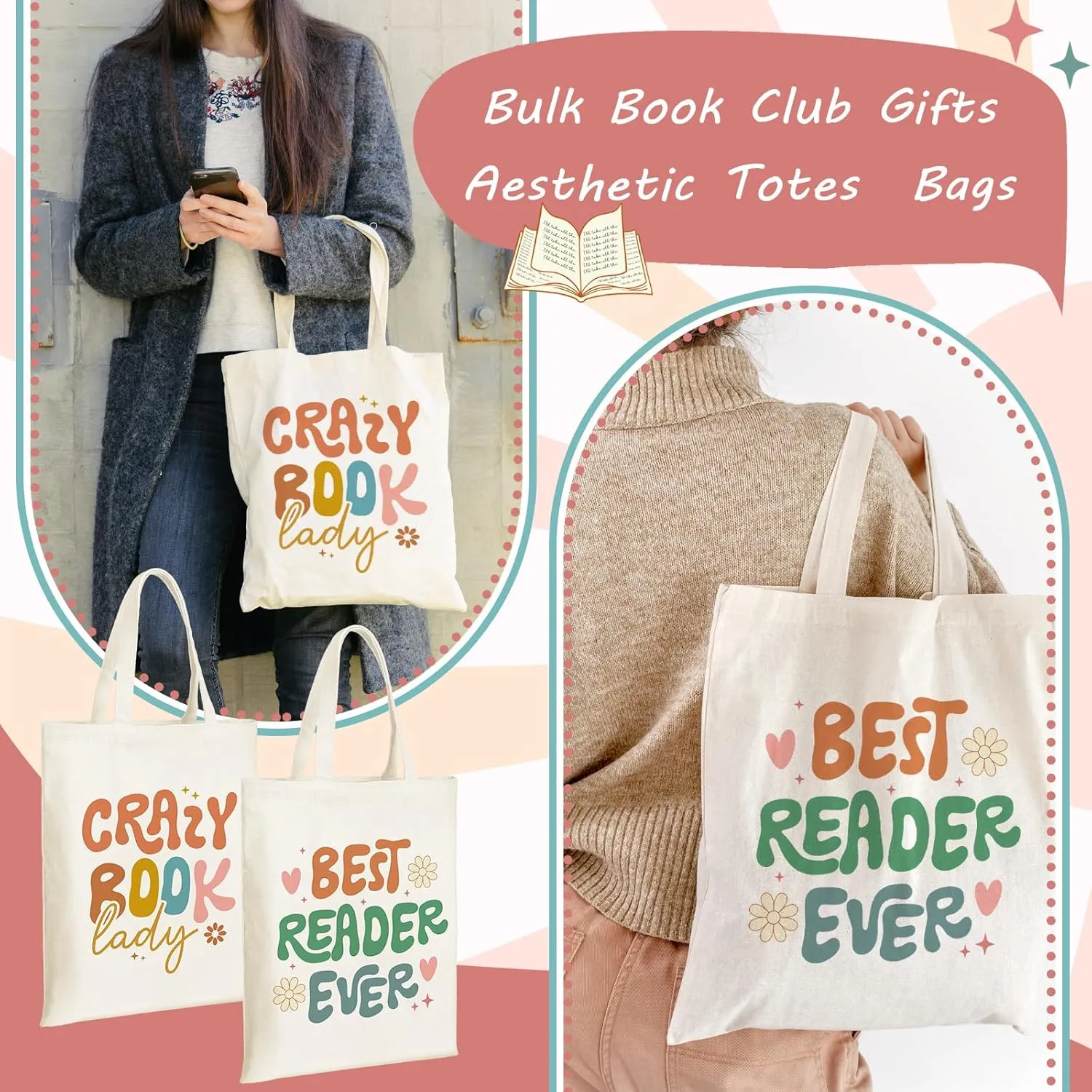 Sweetude 8 Pcs Book Club Gifts Bulk Book Lovers Canvas Tote Bags Easter Christian Bookish Librarian Reader Gifts for Women(Retro)