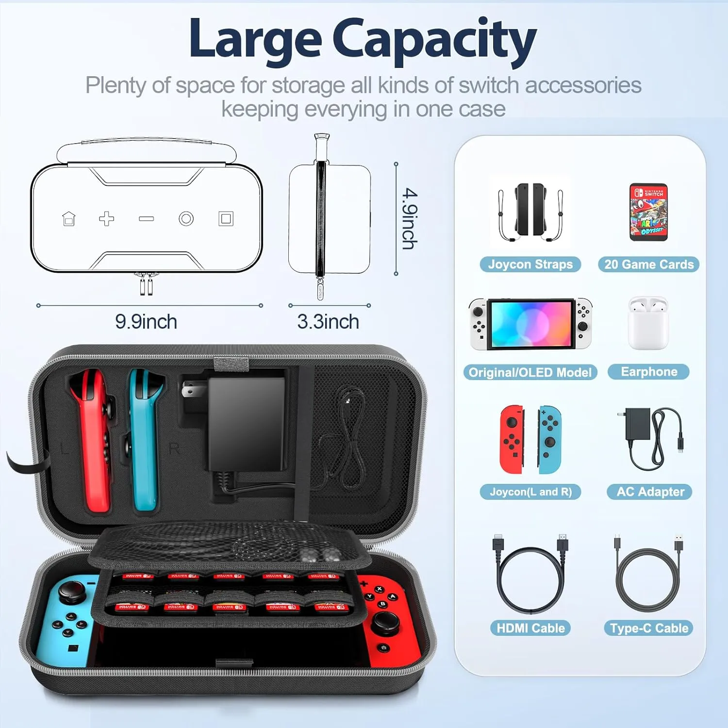 Switch OLED Carrying Case Compatible with Nintendo Switch & Switch OLED, Portable Switch Travel Carry Case Fit for Joy-Con and Adapter, Hard Shell Protective Switch Pouch Case with 20 Games, Grey