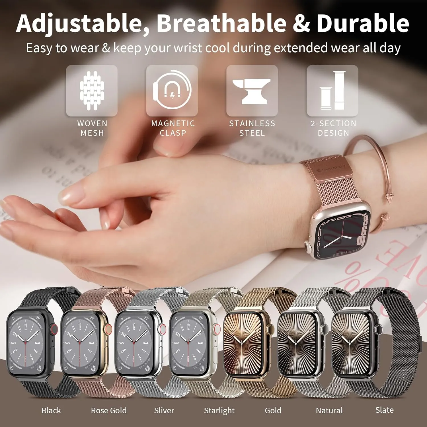 SWITCHEASY Mesh Magnetic Apple Watch Band - For Apple Watch Series 10, 9, 8, SE, 7, 6 Mesh Loop for 42mm 41mm 40mm 38mm iWatch for Women (Silver)