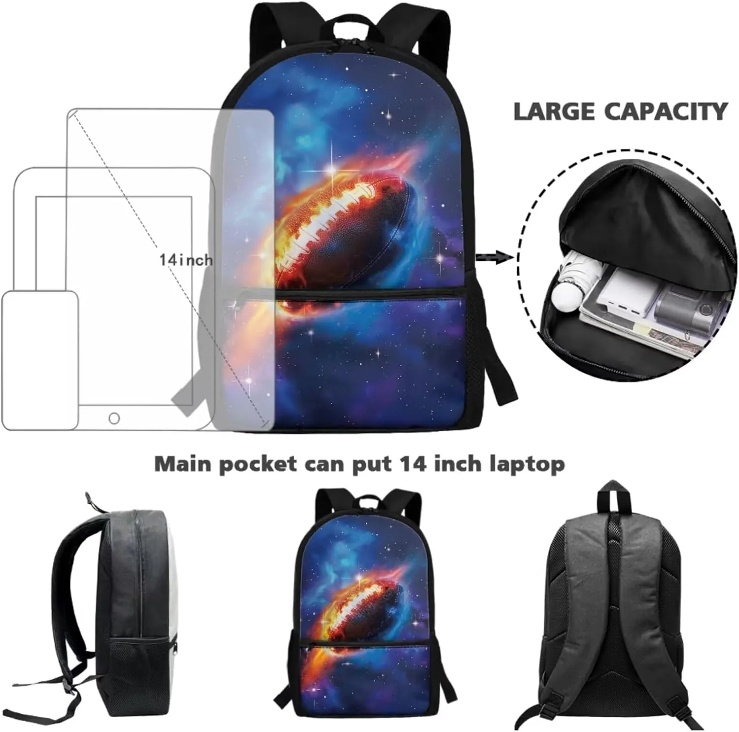 Talayituse American Football Fire Galaxy Star Print 3Pcs School Backpack Set for Boys Teens Teen Shoulder Bag   Lunch Box   Pencil Case Schoolbags Book Bag Travel Casual Daypack with Zipper Pocket