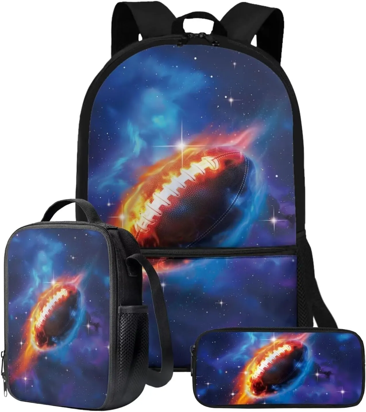 Talayituse American Football Fire Galaxy Star Print 3Pcs School Backpack Set for Boys Teens Teen Shoulder Bag   Lunch Box   Pencil Case Schoolbags Book Bag Travel Casual Daypack with Zipper Pocket