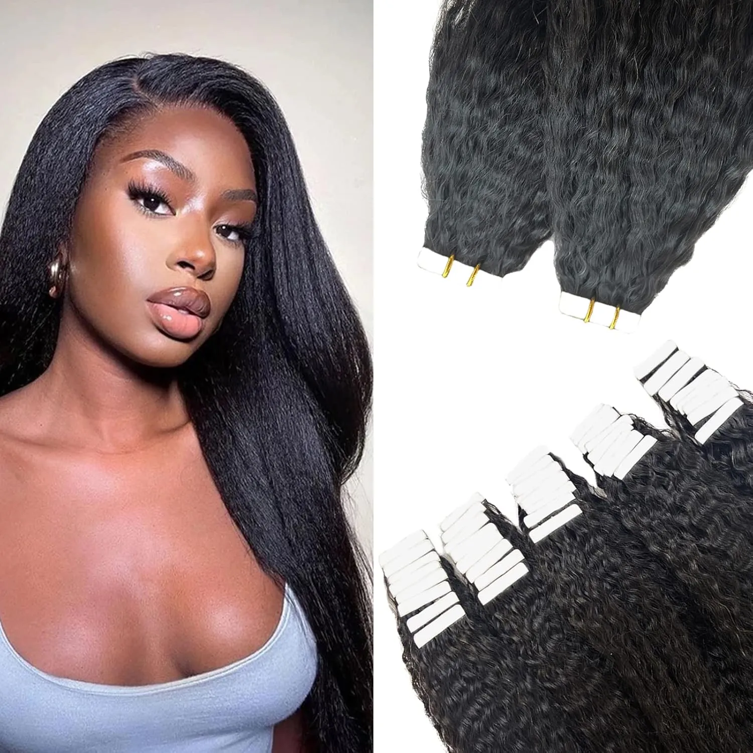 Tape ins 40 pcs Kinky Straight Tape in Hair Extensions Human Hair Natrual Black for Women 24 Inch 100G