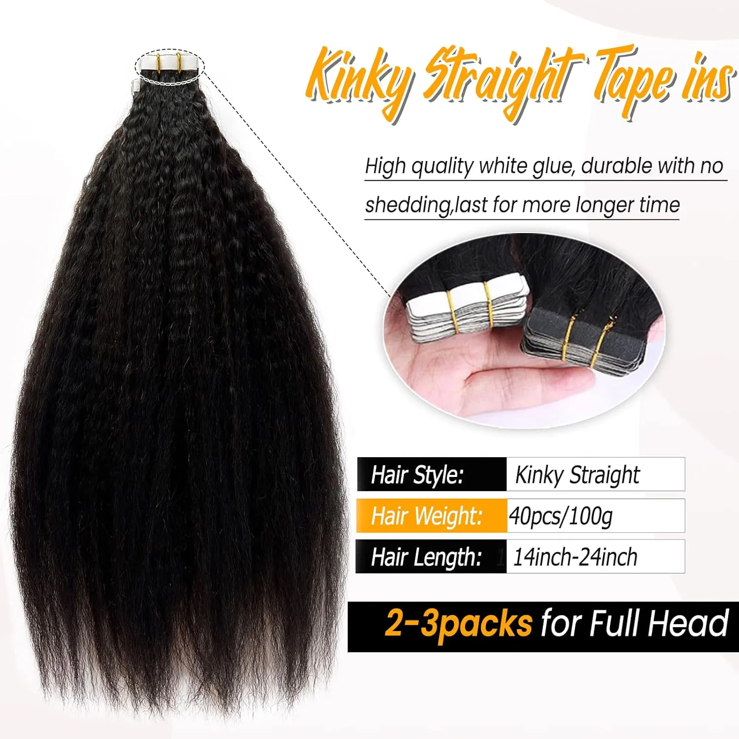 Tape ins 40 pcs Kinky Straight Tape in Hair Extensions Human Hair Natrual Black for Women 24 Inch 100G