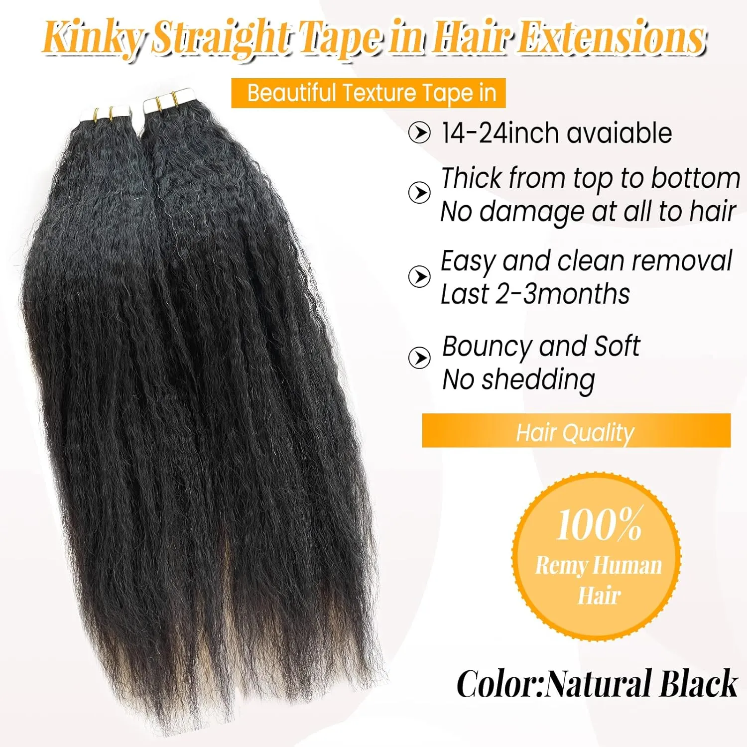 Tape ins 40 pcs Kinky Straight Tape in Hair Extensions Human Hair Natrual Black for Women 24 Inch 100G