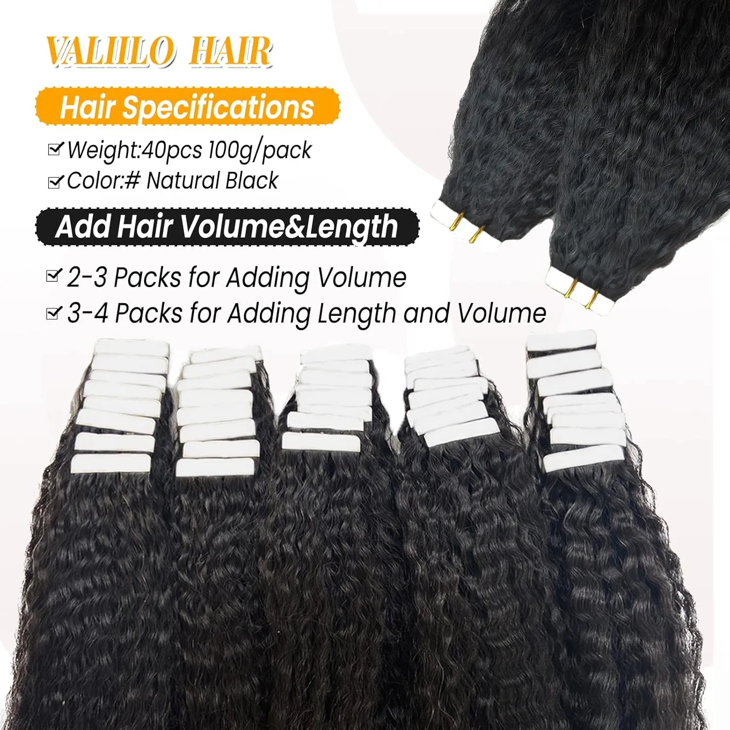 Tape ins 40 pcs Kinky Straight Tape in Hair Extensions Human Hair Natrual Black for Women 24 Inch 100G