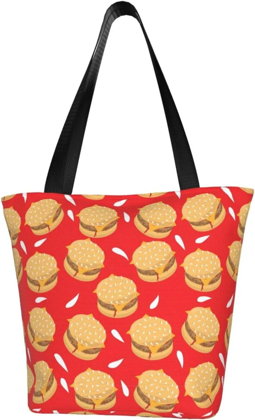 Tasty Burger Grilled Beef Pattern Large Capacity Reusable Shoulder Bag Tote Bag For Women For Travel Beach Work Shopping