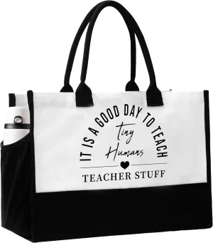 Teacher Tote Bag, Teacher's Day Appreciation Gifts for Women, Teachers Stuff Tote Bags with Pockets, Reusable Beach Bag Birthday Gift for Travel Shopping - C01