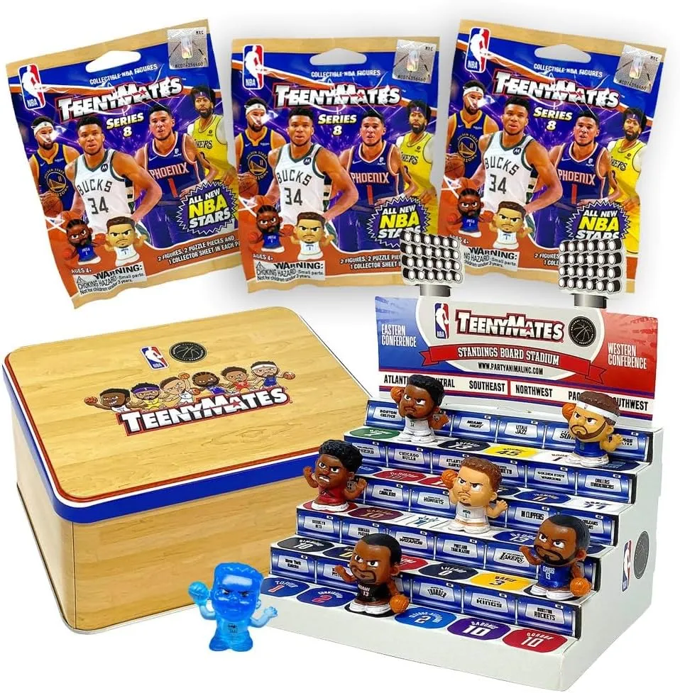 Teenymates Party Animal NBA Series 8 Collector Tin, 7 Figures (Includes Exclusive Figure), 1 Inch Tall, Team Colors