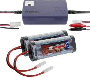 Tenergy 7.2V Battery Pack for RC Cars, 3000mAh NiMH Flat Battery Packs 2-Pack w/Standard Tamiya Connector   7.2V-12V (6S-10S) Universal Battery Charger for NiMH/NiCd Battery for RC Cars, Airsoft Guns