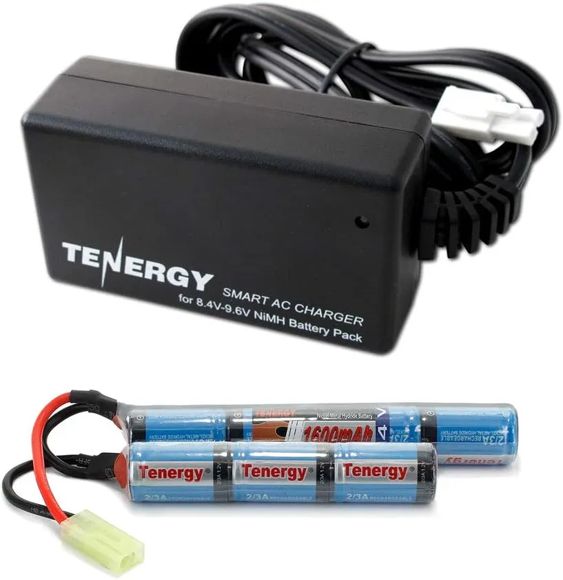 Tenergy 8.4V Airsoft Battery 1600mAh NiMH Nunchuck Battery w/ Mini Tamiya Connector for Airsoft Gun M4 Rifle   8.4V-9.6V NiMH Battery Charger w/ Mini Tamiya Connector and Standard Tamiya Adaptor