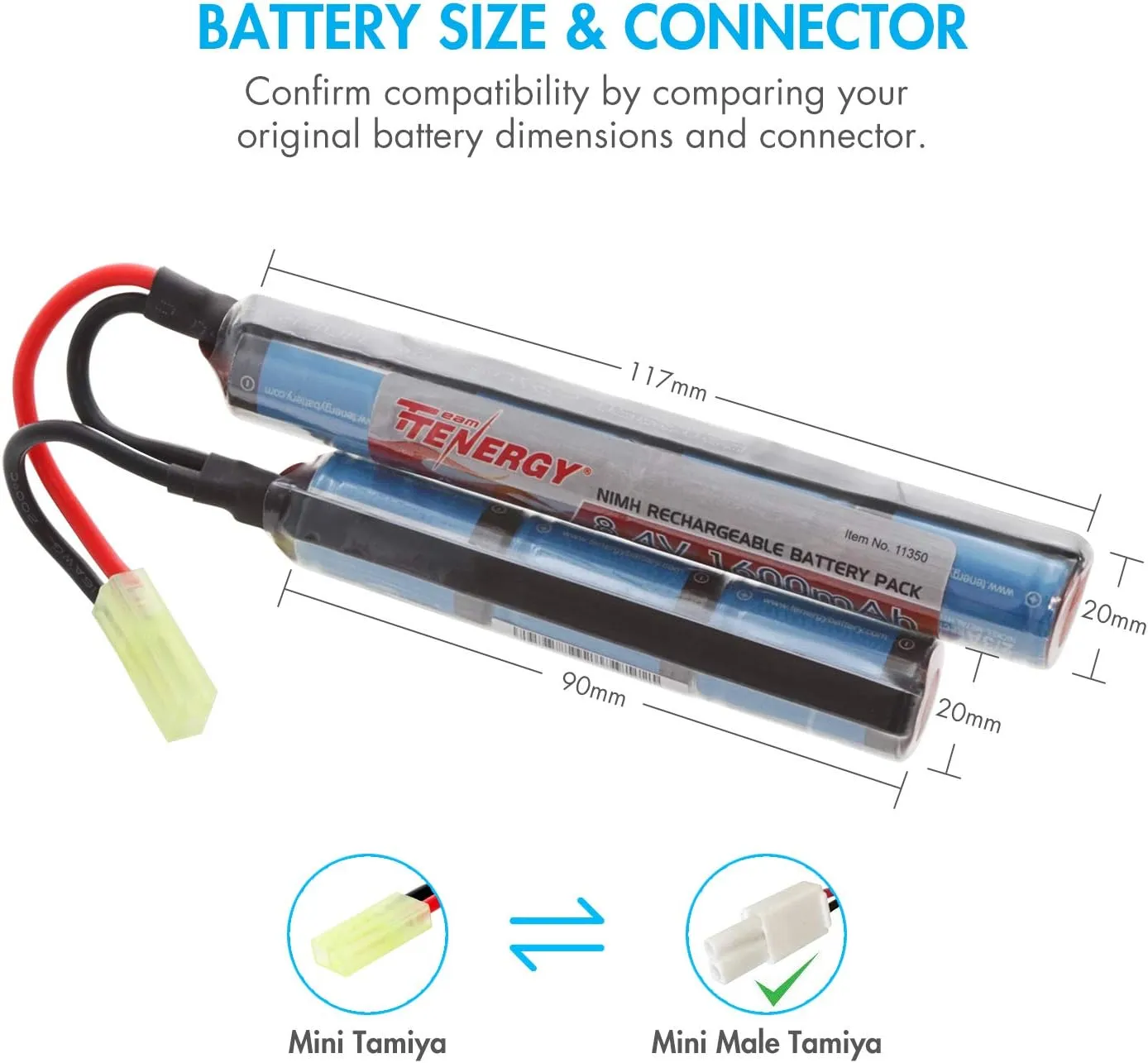 Tenergy 8.4V Airsoft Battery 1600mAh NiMH Nunchuck Battery w/ Mini Tamiya Connector for Airsoft Gun M4 Rifle   8.4V-9.6V NiMH Battery Charger w/ Mini Tamiya Connector and Standard Tamiya Adaptor