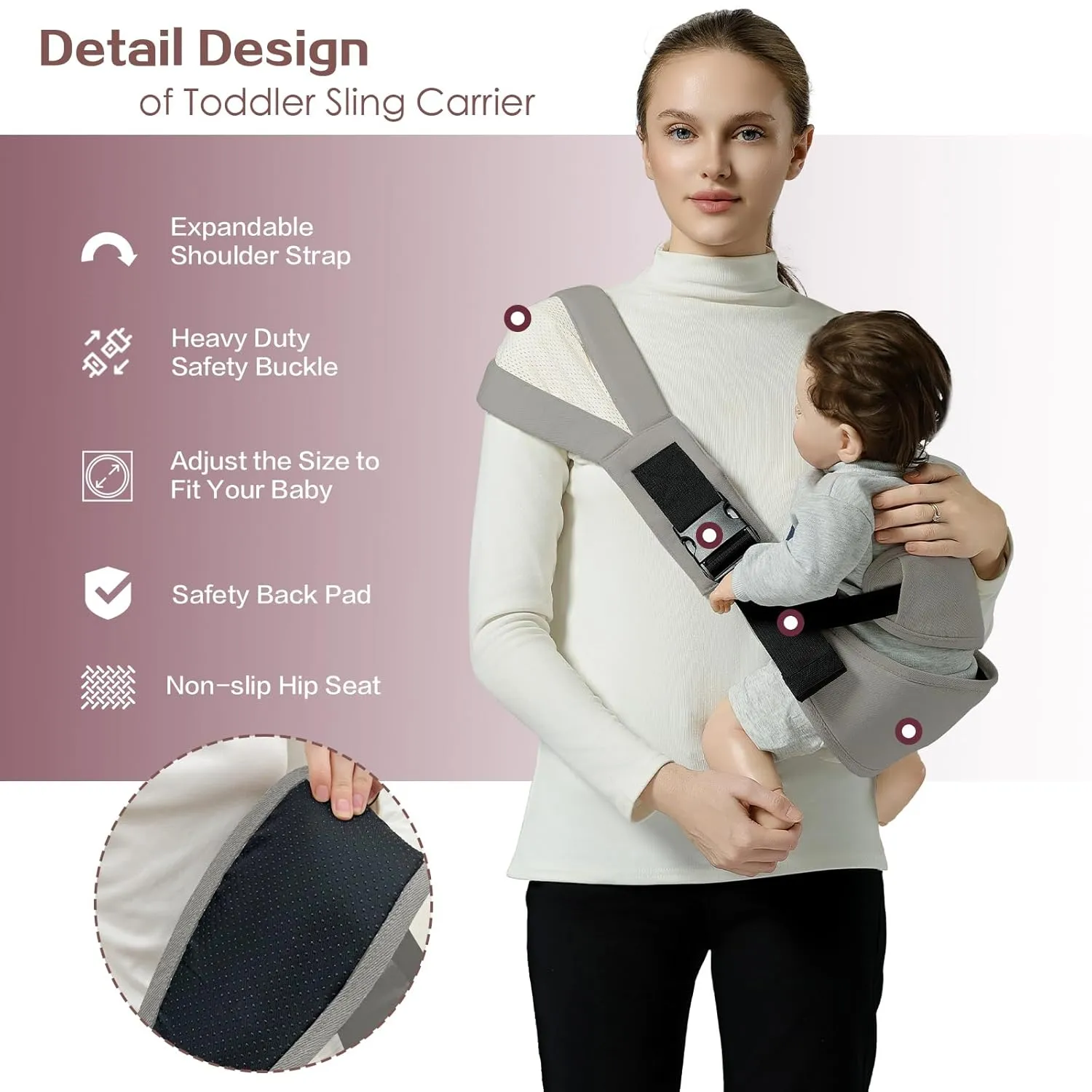 Toddler Sling Carrier, Toddler Carrier Sling Easy to Use, Baby Sling Hip Carriers with Backrest, Grey