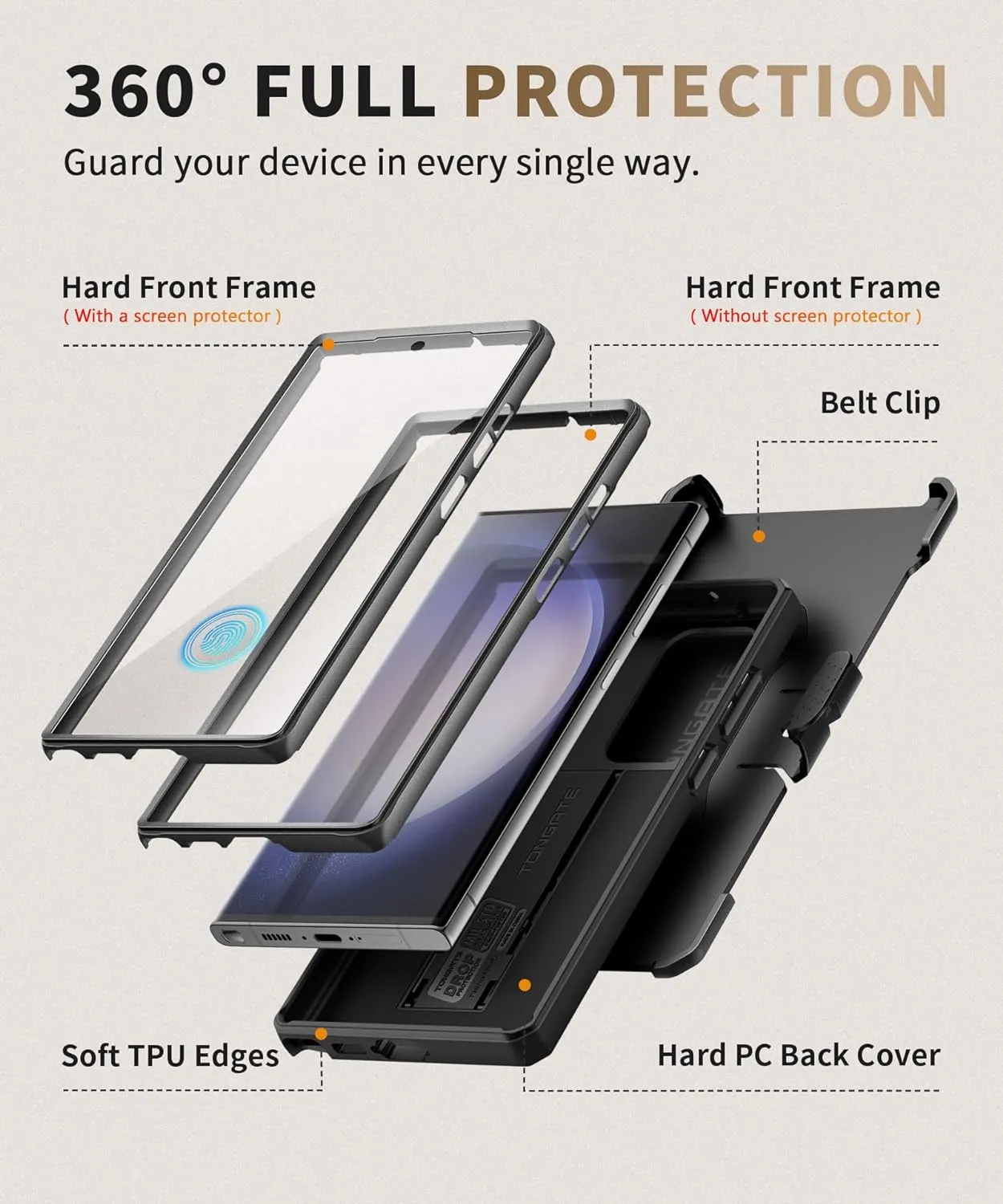 TONGATE for Samsung Galaxy S23 Ultra Case, [Built-in Slide Camera Cover & Screen Protector] [2 Front Frame] Military Grade Shockproof S23 Ultra Phone Case with Kickstand & Belt-Clip 6.8", Black