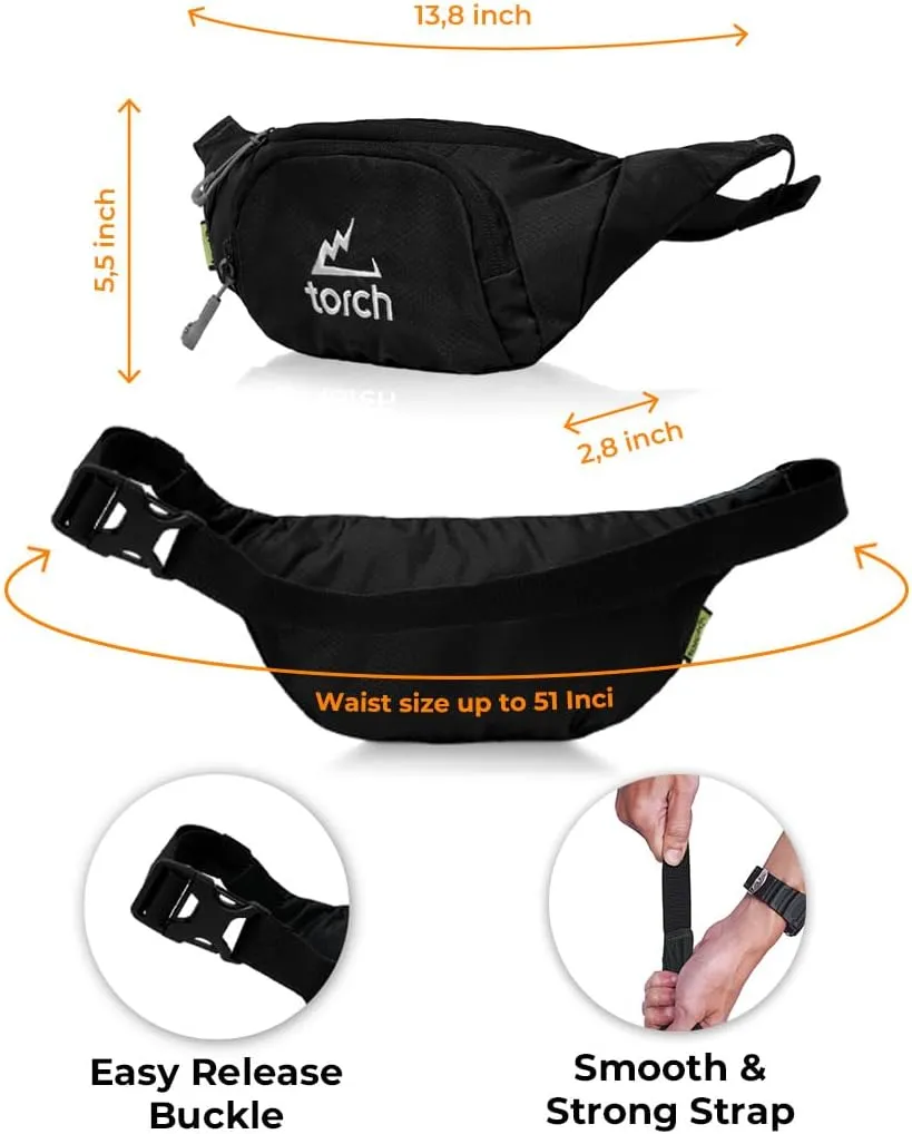 TORCH Mens Fanny Pack - Hip Pack For Men Women with Compass Survival, Small Crossbody Fanny Packs for Walking, Biking, Outdoor, Workout - Vallejo (Black)