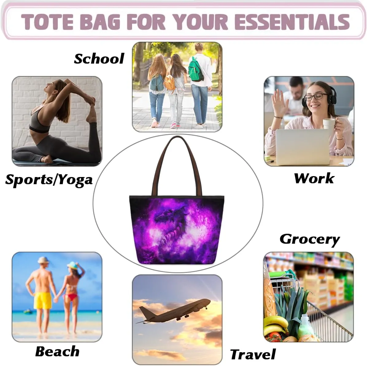 Tote Bag for Women with Zipper Large Capacity Top Handle Casual Shoulder Bag Handbag Reusable Shopping