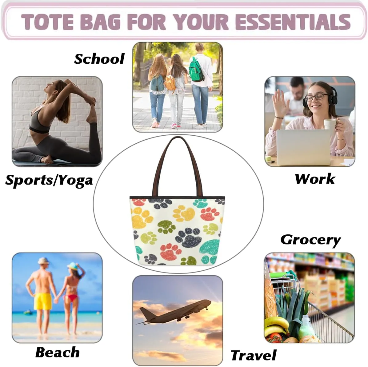 Tote Bag for Women with Zipper Large Capacity Top Handle Casual Shoulder Bag Handbag Reusable Shopping