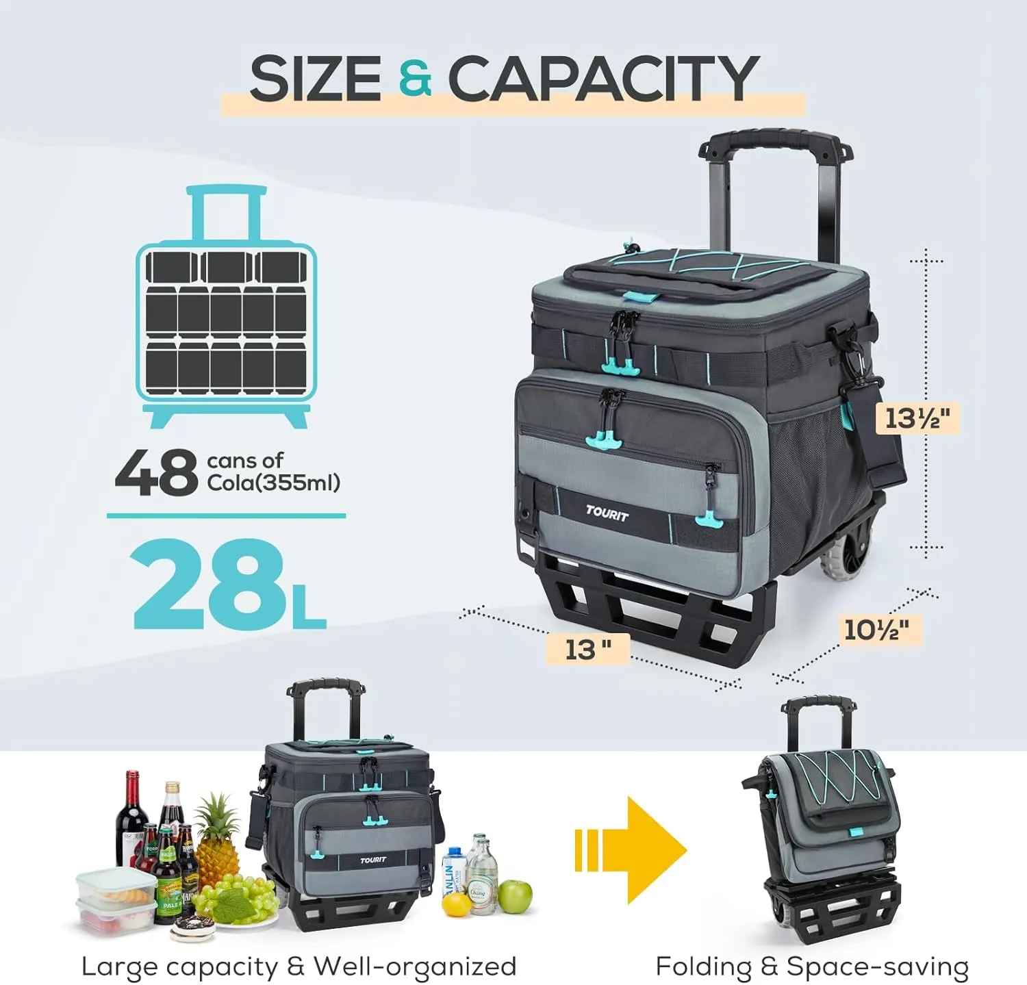 TOURIT Collapsible 48-Can Leak-Proof Insulated Rolling Cooler with All-Terrain Cart, Upgraded Fixtures and New Wheels Suitable for Beach, Picnic, Shopping