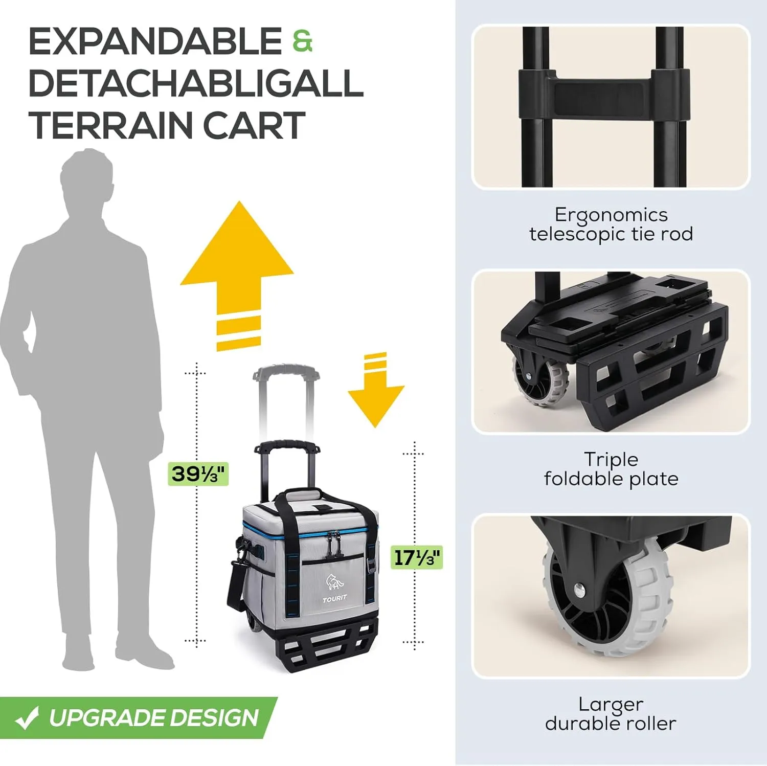 TOURIT Portable 50-Can Collapsible Rolling Soft Cooler with 29L Space & Reinforced All-Terrain Cart with Wheels Easy Transportation, Large Leakproof Travel Beach Ice Chest for Grocery Shopping