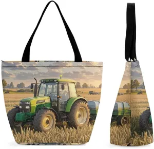 Tractor Farm Wheat Harvest Tote Bag Shoulder Shopping Bag Reusable Grocery Bag for Travel Work Friendship Gift