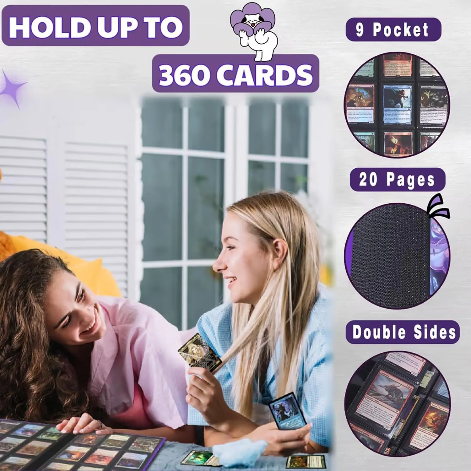 Trading Card Binder 360 Pockets - Side Loading Waterproof Card Album for MTG, TCG, Sports Cards -9-Pocket Durable Pages with Sleeves - Collector Gift (Purple)