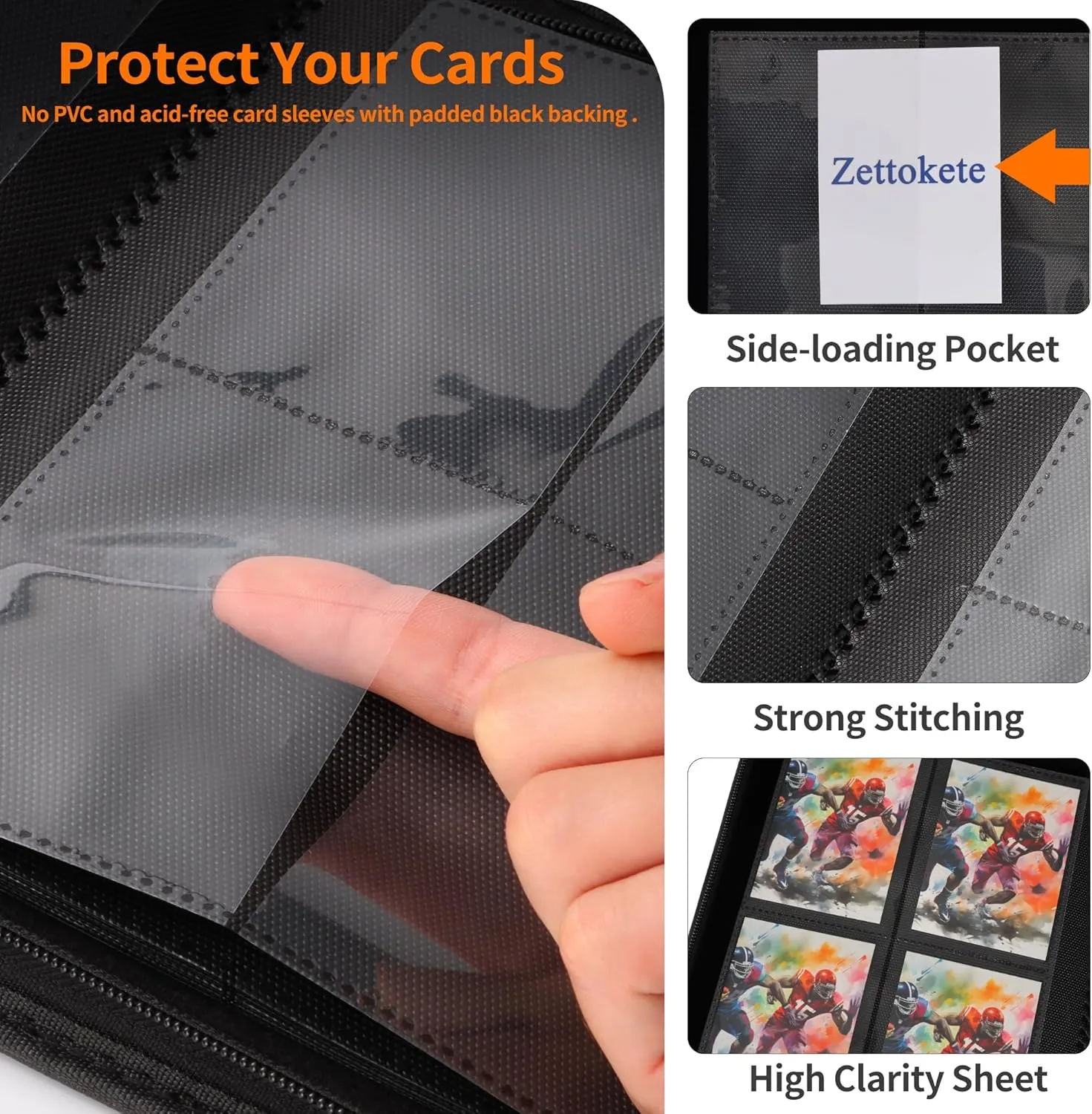 Trading Card Binder 9 Pocket, TCG Binder with 360 Side Loading Pockets, Trading Card Holder Album Fit for MTG, Yugioh, Baseball, Football Sports Cards, Black