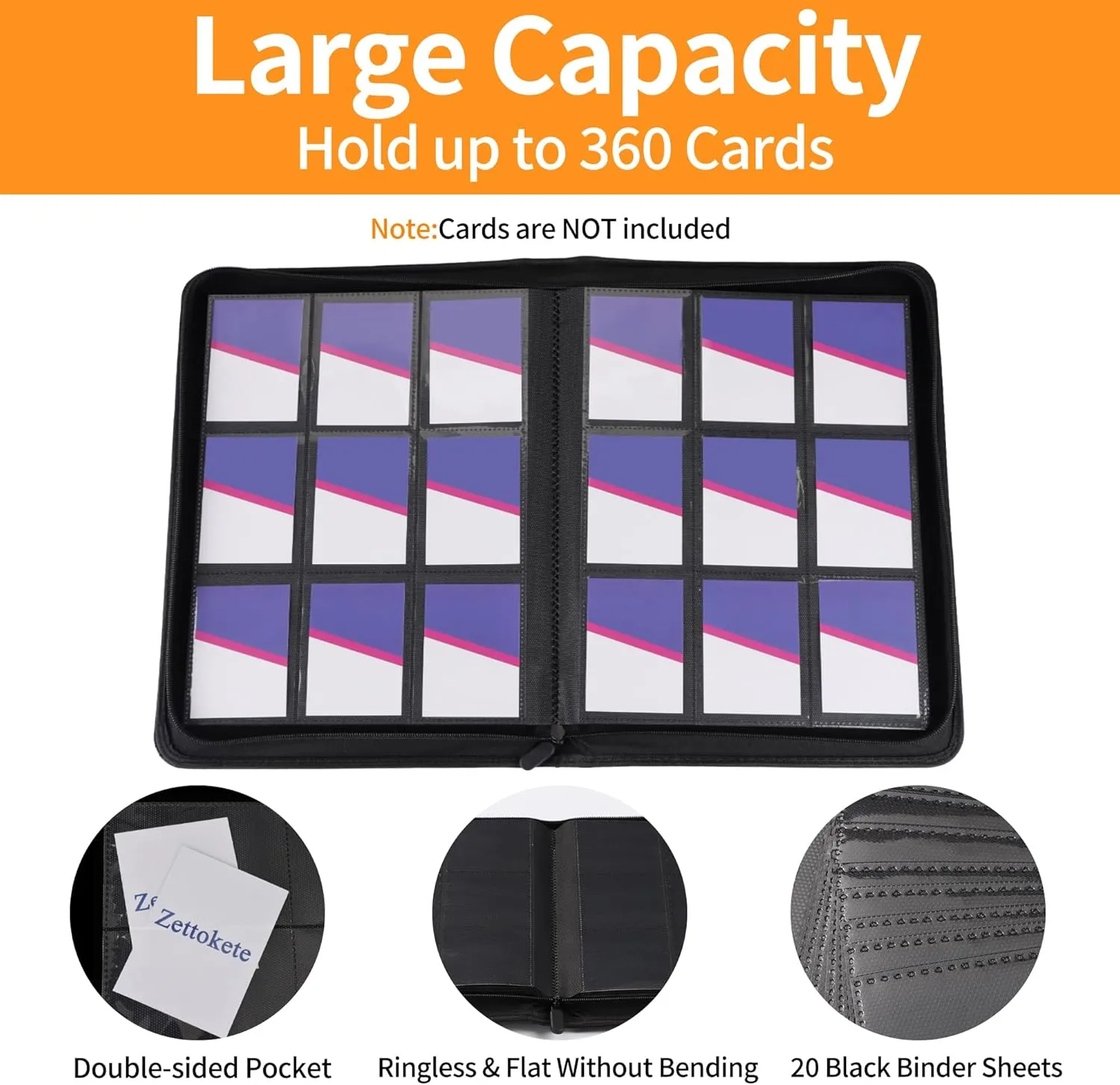 Trading Card Binder 9 Pocket, TCG Binder with 360 Side Loading Pockets, Trading Card Holder Album Fit for MTG, Yugioh, Baseball, Football Sports Cards, Black