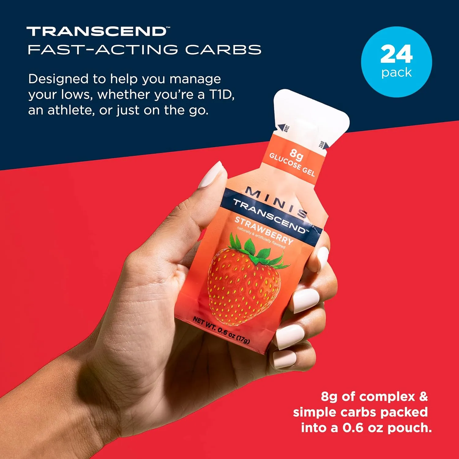 Transcend Foods Mini Strawberry Gel (.6 oz, Pack of 24) Fast-Acting Carb Gel Strawberry Flavor – Travel Size, Caffeine Free, Gluten Free