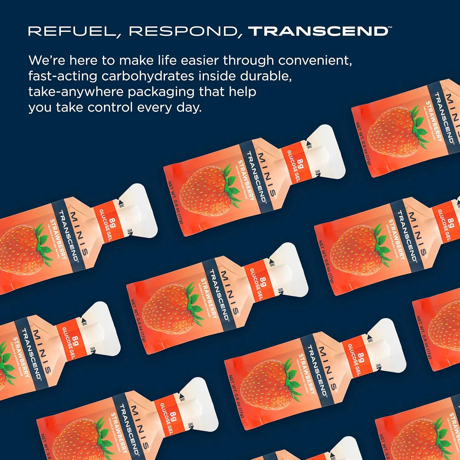 Transcend Foods Mini Strawberry Gel (.6 oz, Pack of 24) Fast-Acting Carb Gel Strawberry Flavor – Travel Size, Caffeine Free, Gluten Free