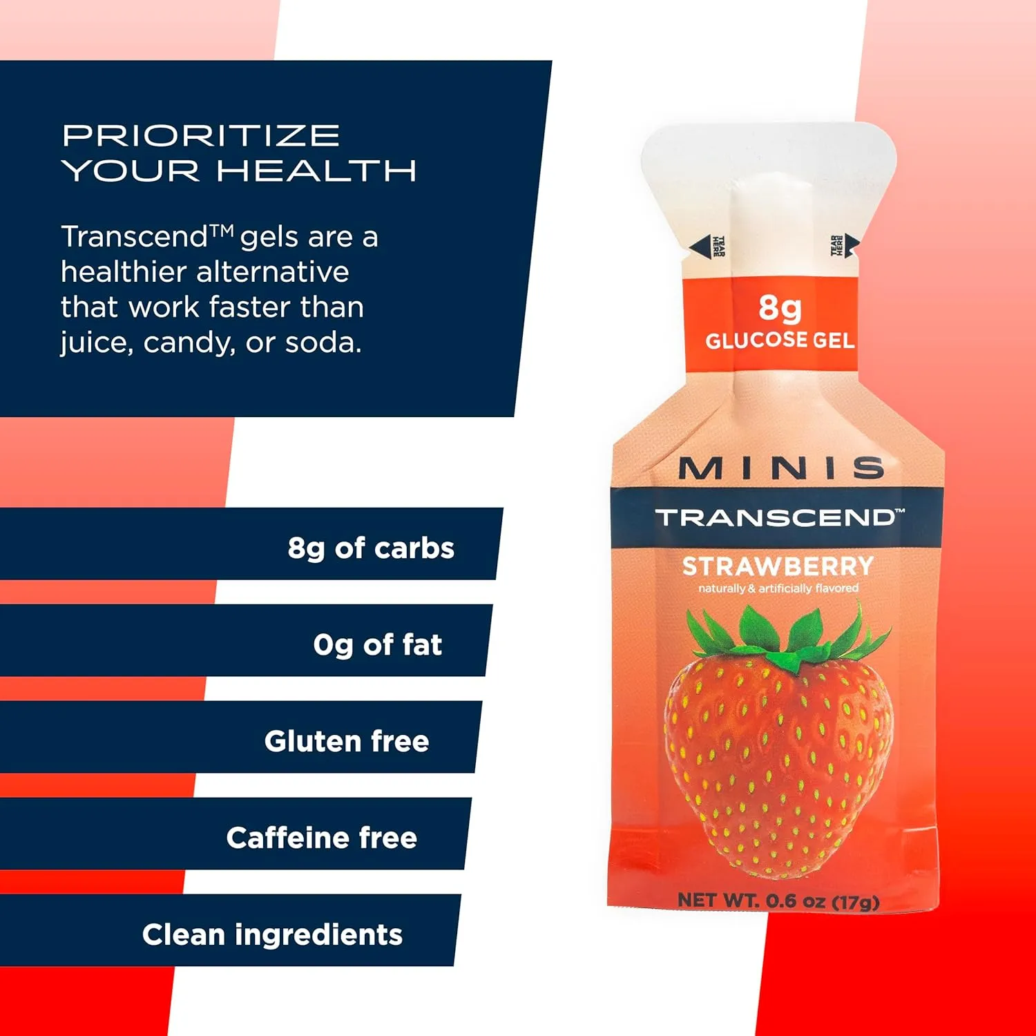 Transcend Foods Mini Strawberry Gel (.6 oz, Pack of 24) Fast-Acting Carb Gel Strawberry Flavor – Travel Size, Caffeine Free, Gluten Free