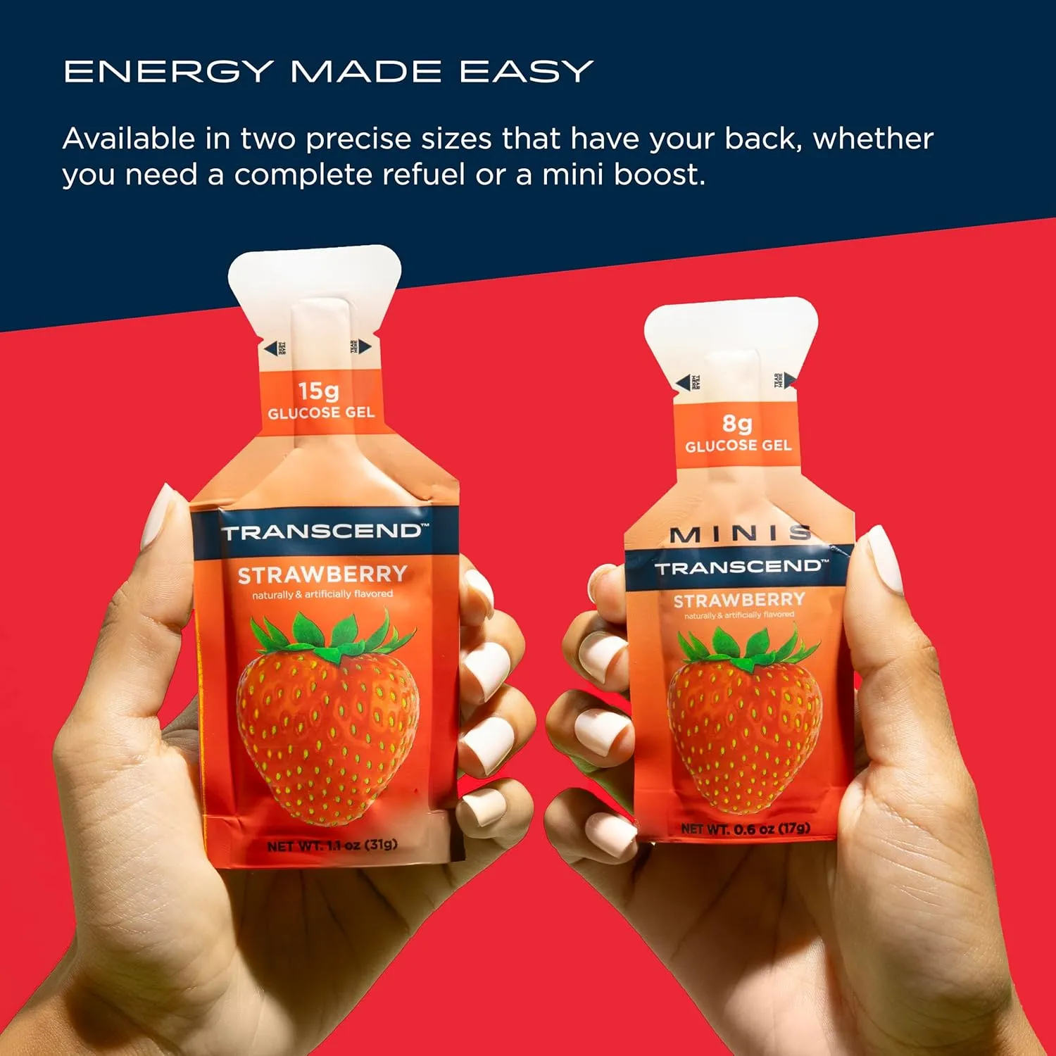 Transcend Foods Mini Strawberry Gel (.6 oz, Pack of 24) Fast-Acting Carb Gel Strawberry Flavor – Travel Size, Caffeine Free, Gluten Free