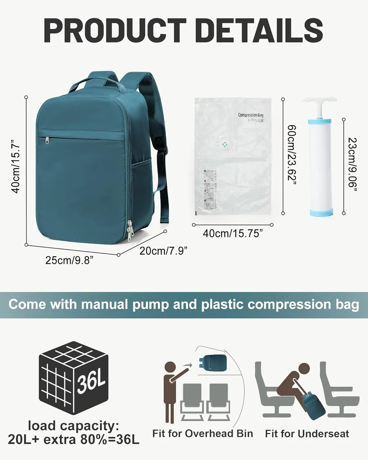 Travel Backpack for Women Men,Personal Item Backpack, Vacuum Storage Bags with Hand Pump,Airline Approved Backpack Hiking Business,20L,Peacock Blue