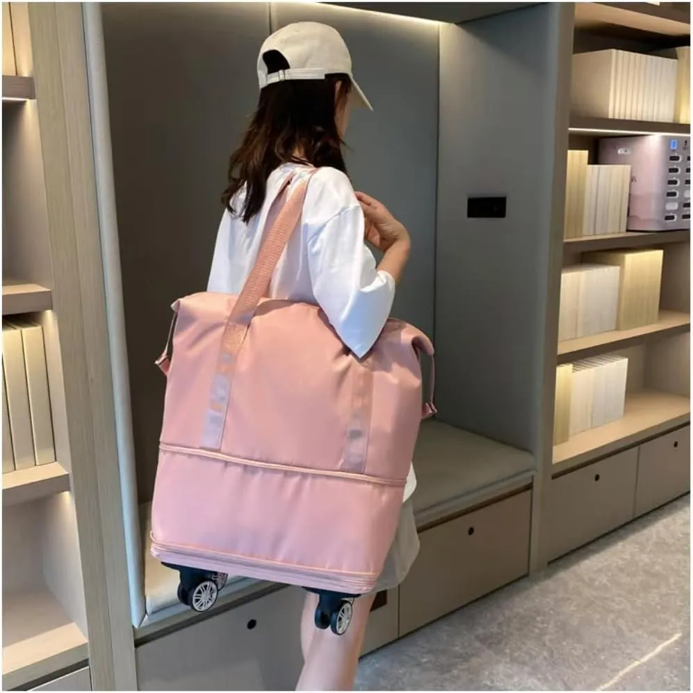Travel Bag with Wheels,Large Capacity Travel Bag - Universal Wheel Removable,Portable Bag for Men And Women,Simple,Wear-Resistant,Waterproof (Pink)